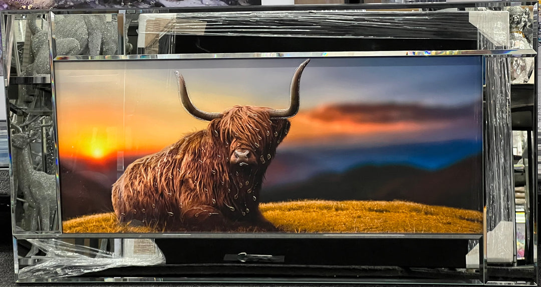 Rectangle-Highland Cow Sunrise Liquid Art Picture with Mirror Frame