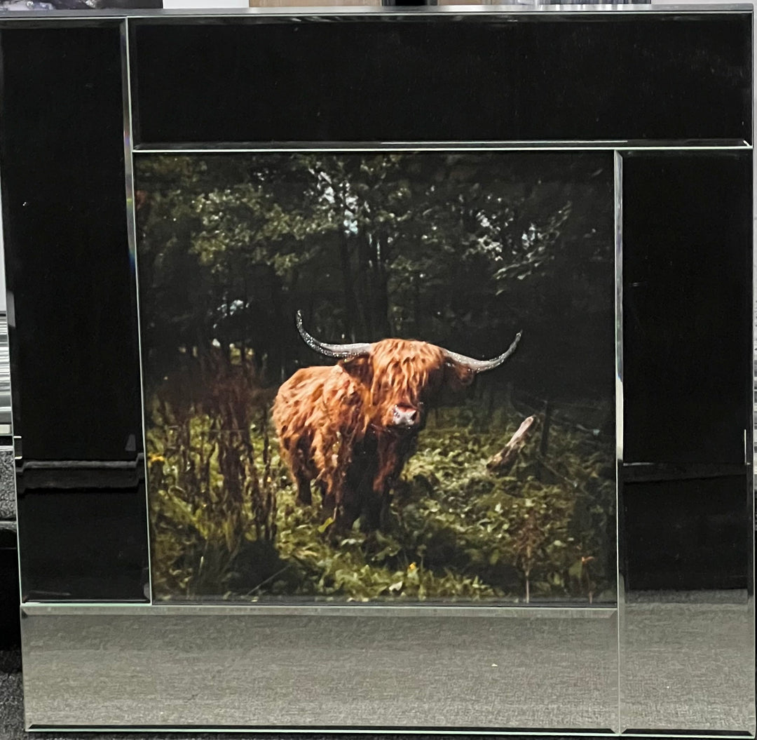 Highland Cow Wilderness Liquid Art Picture with Mirror Frame