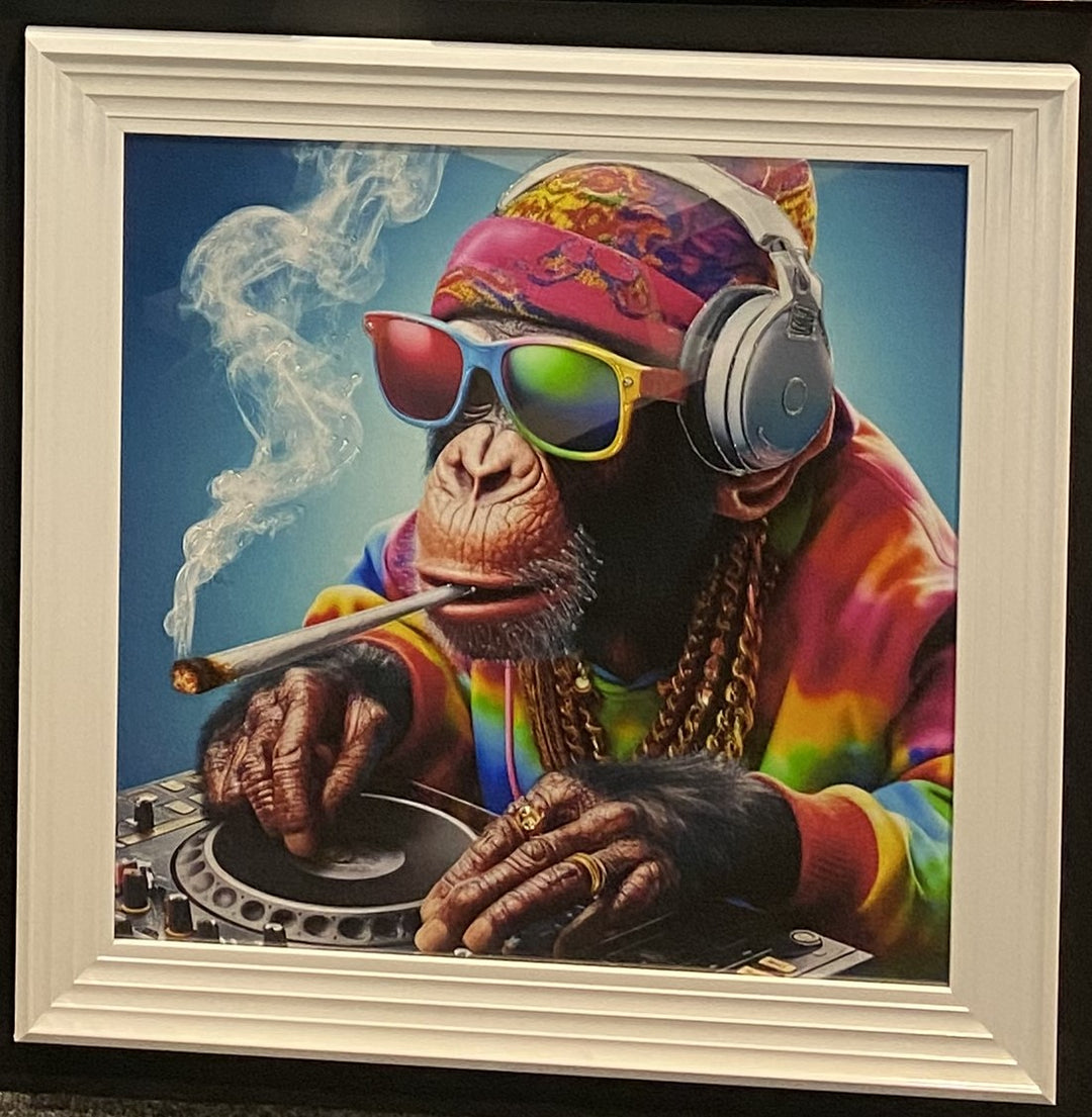DJ Monkey with Headphones Liquid Art & White Step Frame