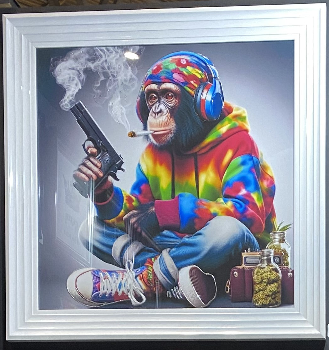 Gangster Monkey, Gun and Headphones white step frame