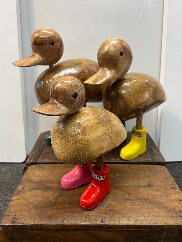 Colourful Wellies Wooden Duck Wine Holder & duck ornaments