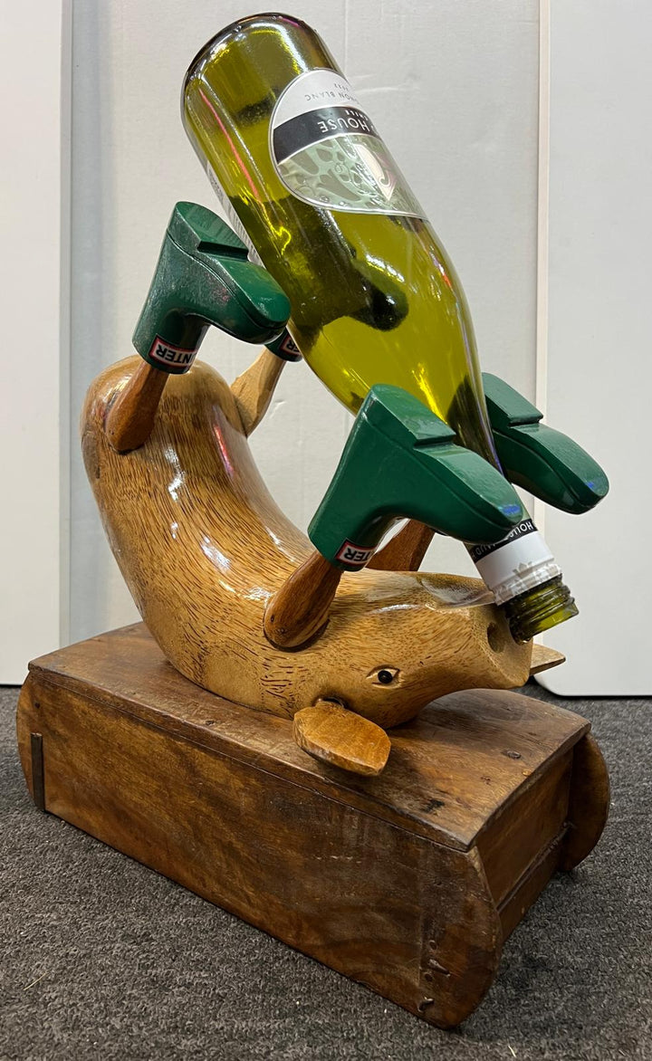 Wooden Pig Ornament in Colourful Wellies Wine Bottle Holder & ornaments
