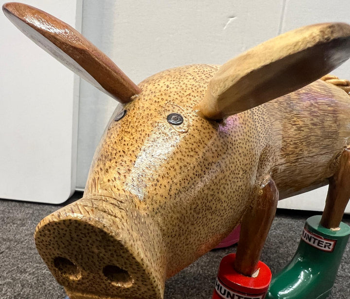 Wooden Pig Ornament in Colourful Wellies Wine Bottle Holder & ornaments