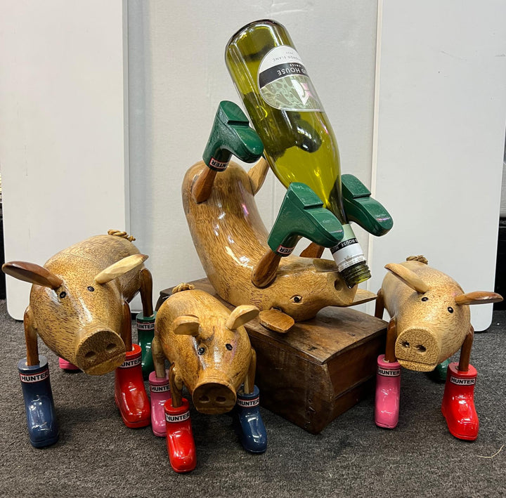 Wooden Pig Ornament in Colourful Wellies Wine Bottle Holder & ornaments