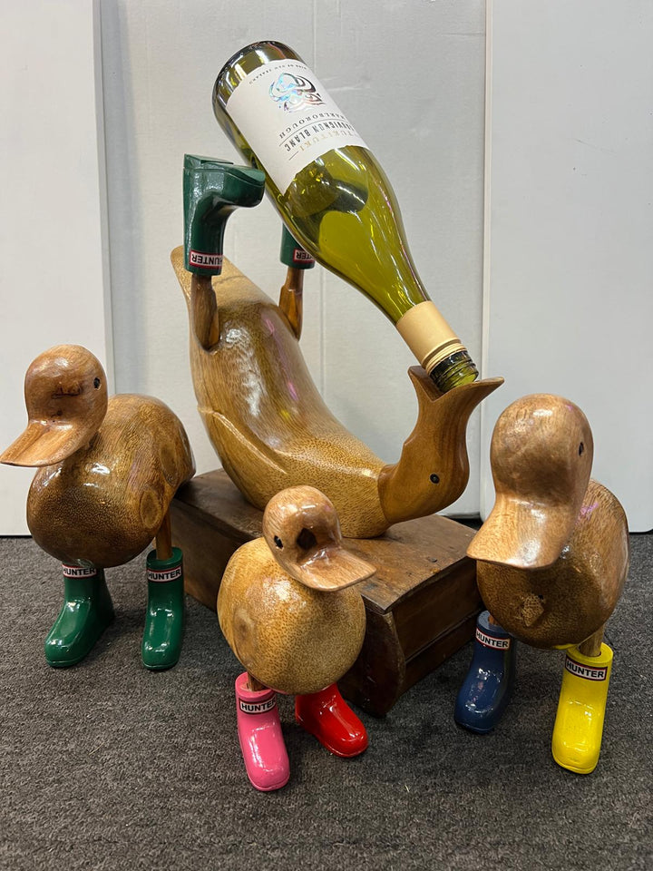 Colourful Wellies Wooden Duck Wine Holder & duck ornaments