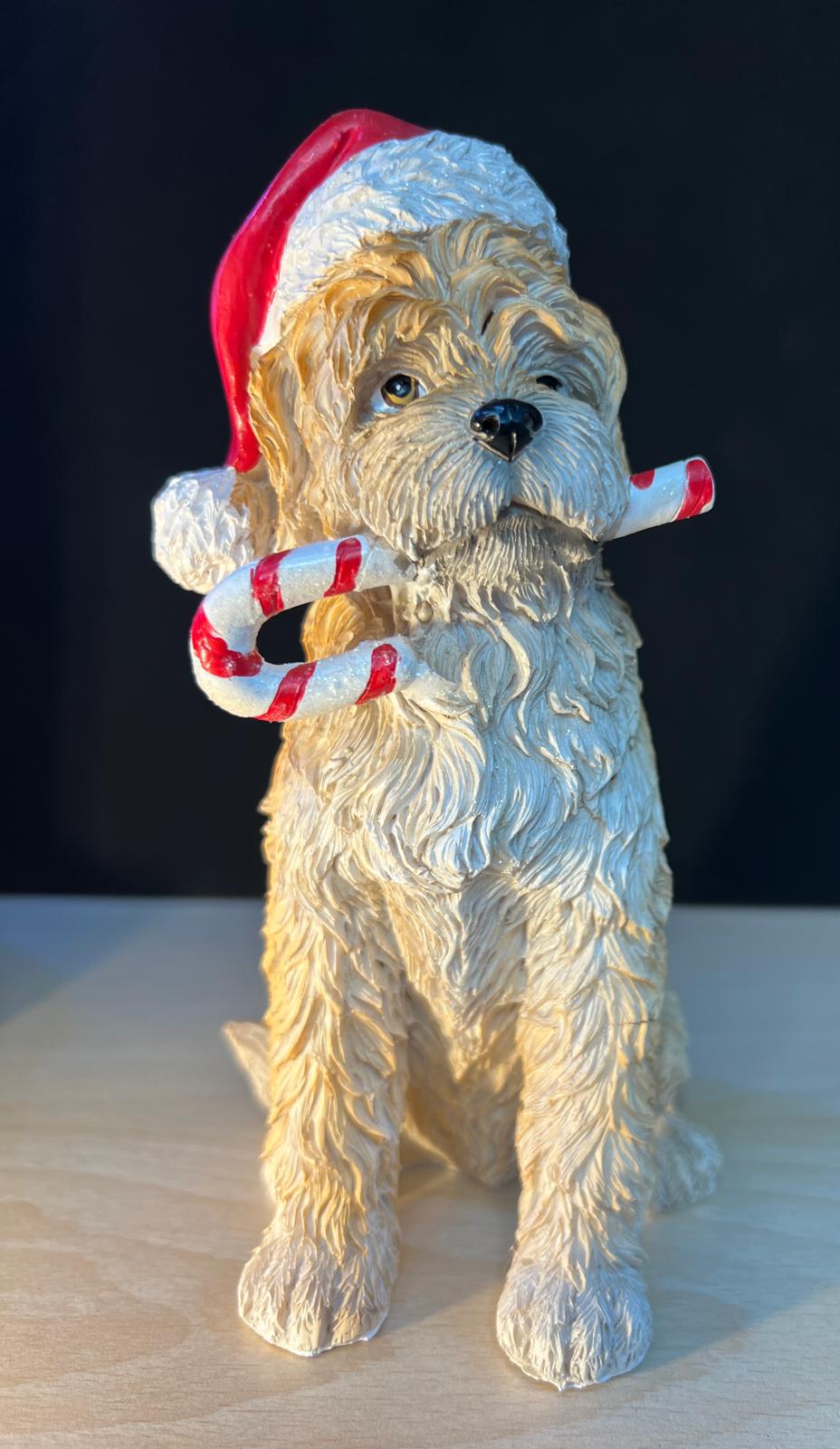 Cute Dog Christmas Ornament – Pup Wearing Santa Hat with Candy Cane in mouth