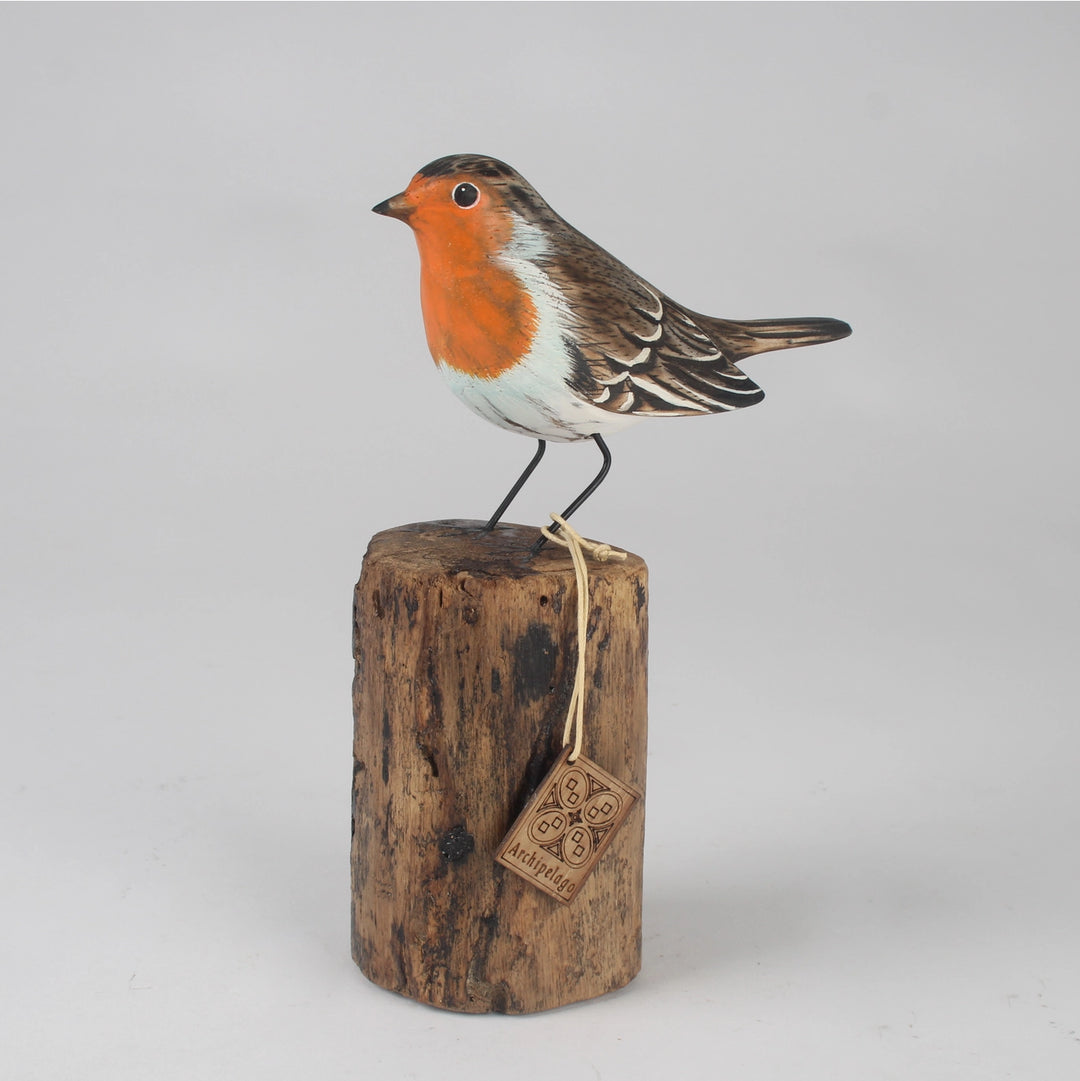 Hand-Carved & Hand-Painted Wooden Robin on Stump by Archipelago Decorative Figure