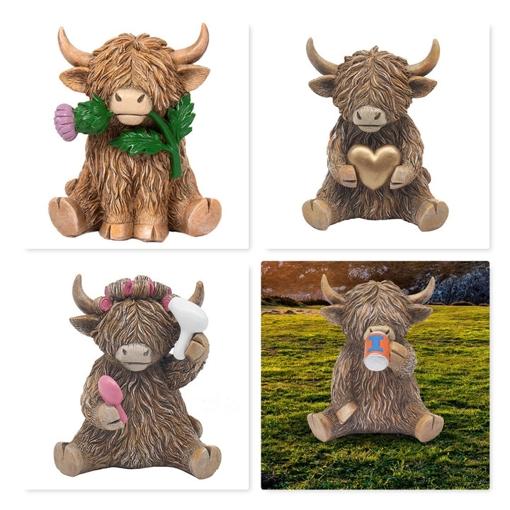 Highland Cow MOO Figurine Brown Farmhouse Animal quirky Moo Cow resin Ornament