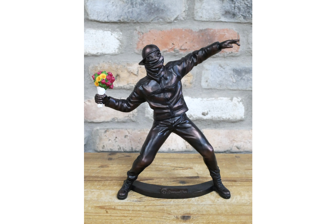 Man With colourful Flowers Banksy Style Resin Ornament– Street Art Inspired Decorative Home Figurine
