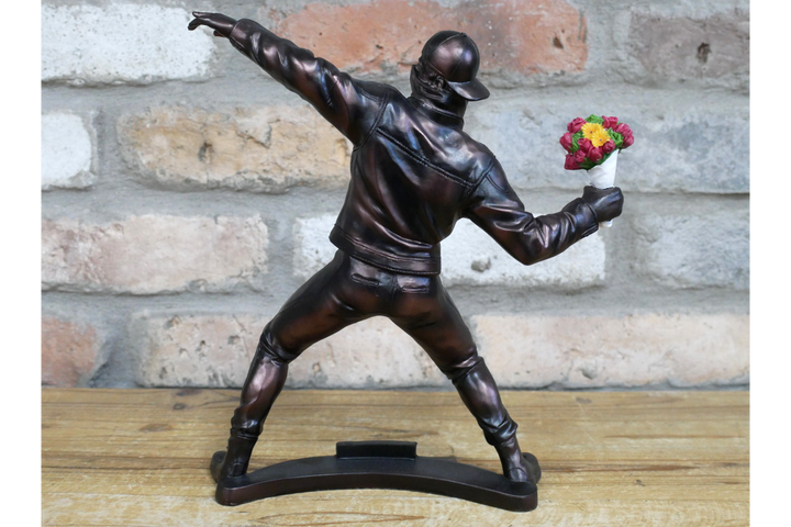 Man With colourful Flowers Banksy Style Resin Ornament– Street Art Inspired Decorative Home Figurine