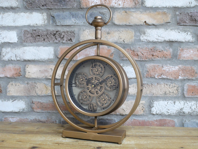 Gold Clock with Moving Cogs and Roman Numerals – Vintage Style rectangle base