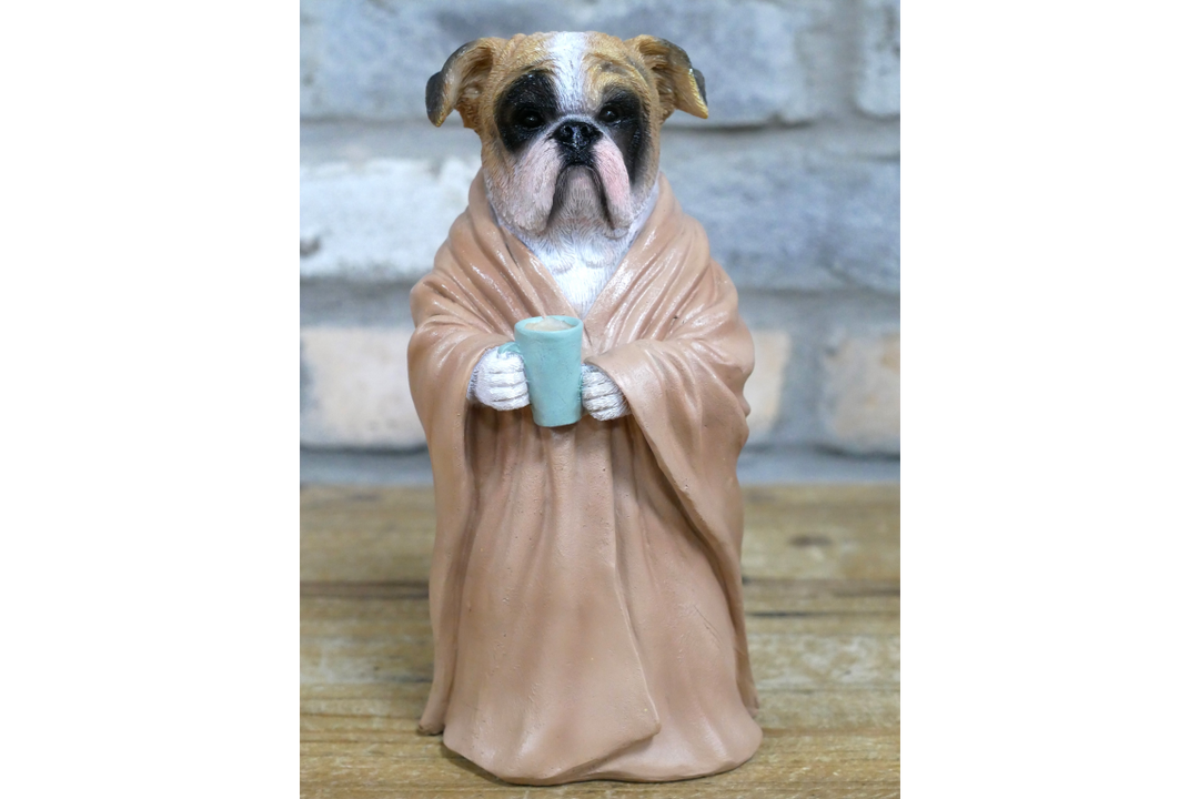 Bedtime Bulldog Drinking Coffee in Robe Resin Decorative Ornament for Home Décor