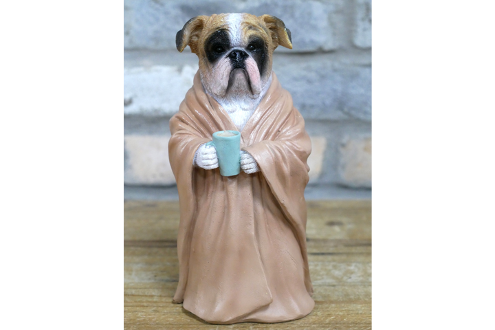 Bedtime Bulldog Drinking Coffee in Robe Resin Decorative Ornament for Home Décor
