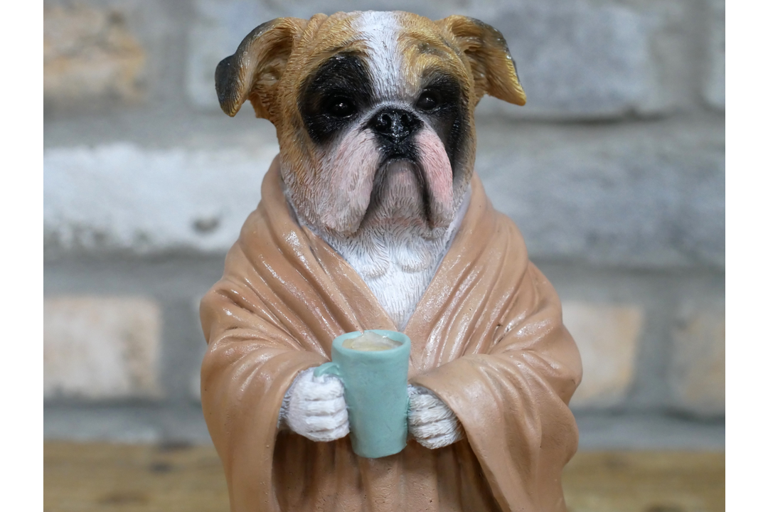 Bedtime Bulldog Drinking Coffee in Robe Resin Decorative Ornament for Home Décor