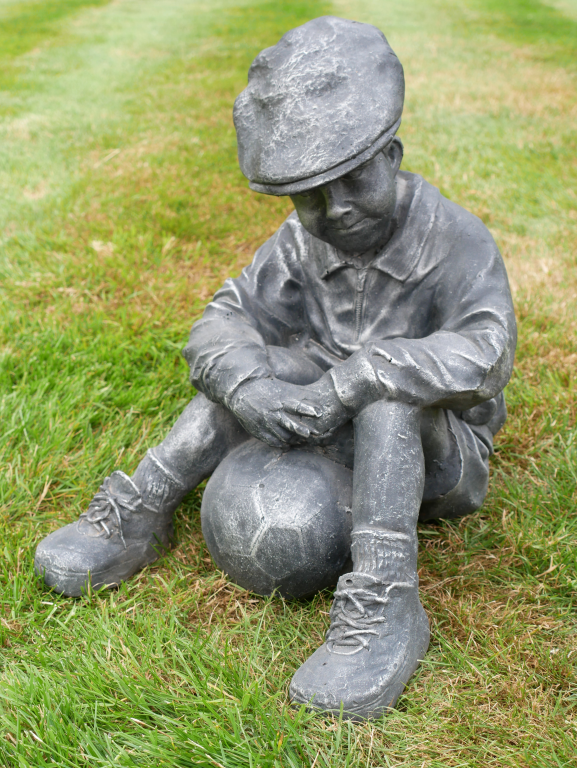Boy with Football Figurine – Sports Ornament for Home & Garden Decor