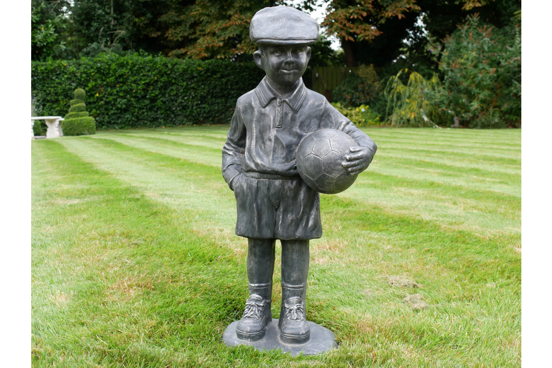 Boy with Football Figurine – Sports Ornament for Home & Garden Decor
