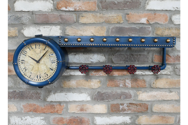 Grey & Blue Industrial Shelf with Built-In Clock and Hooks – Metal Wall Storage Unit