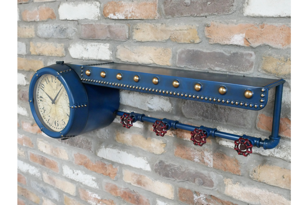 Grey & Blue Industrial Shelf with Built-In Clock and Hooks – Metal Wall Storage Unit