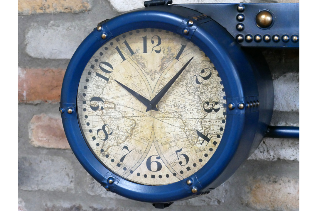 Grey & Blue Industrial Shelf with Built-In Clock and Hooks – Metal Wall Storage Unit