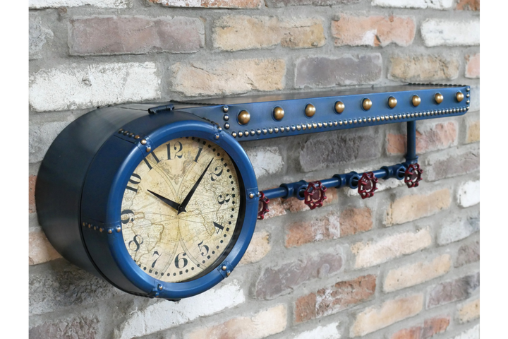 Grey & Blue Industrial Shelf with Built-In Clock and Hooks – Metal Wall Storage Unit