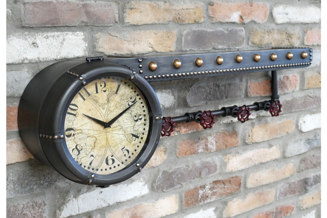 Grey & Blue Industrial Shelf with Built-In Clock and Hooks – Metal Wall Storage Unit