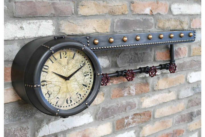 Grey & Blue Industrial Shelf with Built-In Clock and Hooks – Metal Wall Storage Unit