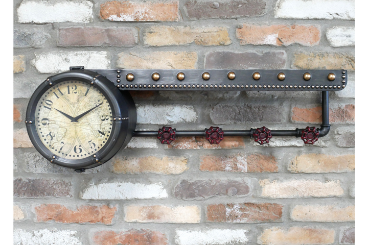 Grey & Blue Industrial Shelf with Built-In Clock and Hooks – Metal Wall Storage Unit