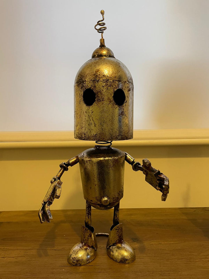 Rustic Silver Metal Robot Ornament Art Figure Wobbly Parts Sitting/Standing Decor
