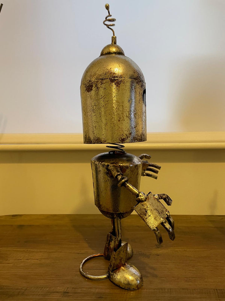 Rustic Silver Metal Robot Ornament Art Figure Wobbly Parts Sitting/Standing Decor