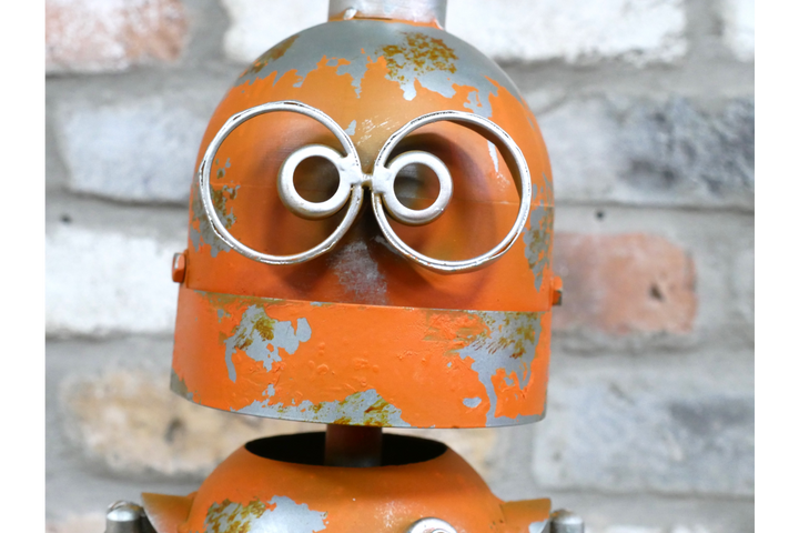 Orange Robot Industrial Mechanical Ornamental SciFi metal home decor wobbly parts