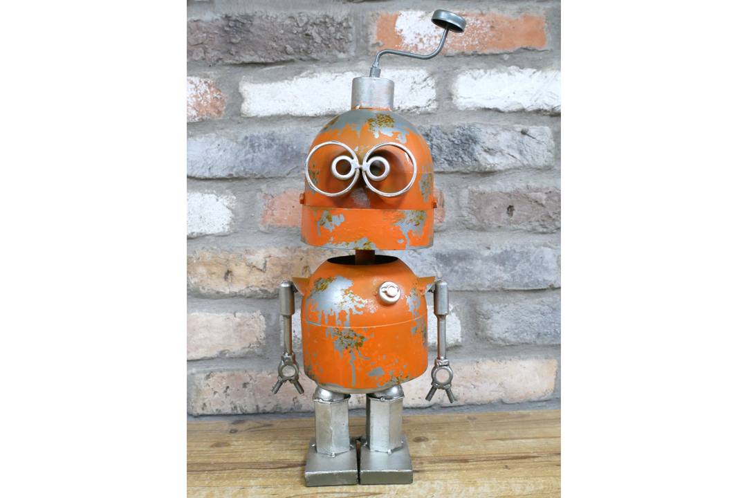 Orange Robot Industrial Mechanical Ornamental SciFi metal home decor wobbly parts