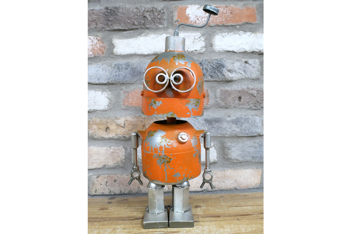 Orange Robot Industrial Mechanical Ornamental SciFi metal home decor wobbly parts