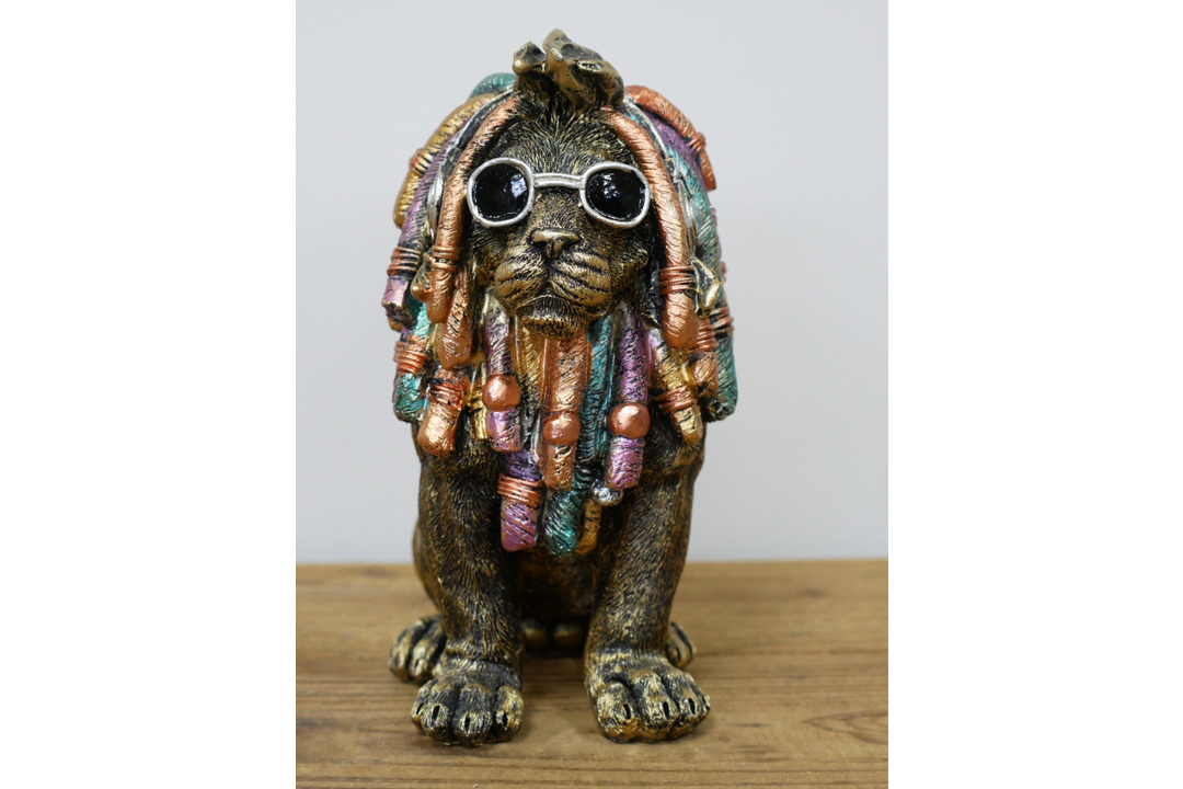 Lion sitting with Dreadlocks rasta in Black & gold resin quirky decorative ornament