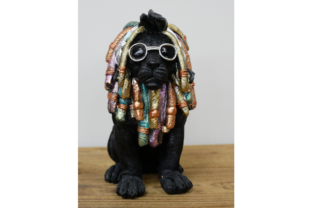 Lion sitting with Dreadlocks rasta in Black & gold resin quirky decorative ornament