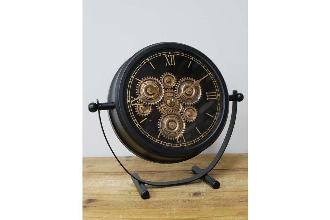 Black and Gold Wall Clock with Moving Cogs and Roman Numerals – Vintage Style