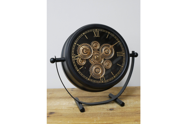 Black and Gold Wall Clock with Moving Cogs and Roman Numerals – Vintage Style