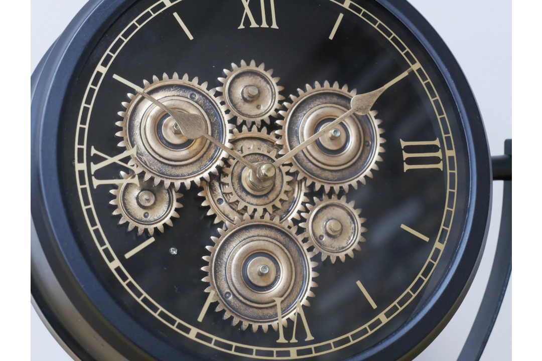 Black and Gold Wall Clock with Moving Cogs and Roman Numerals – Vintage Style