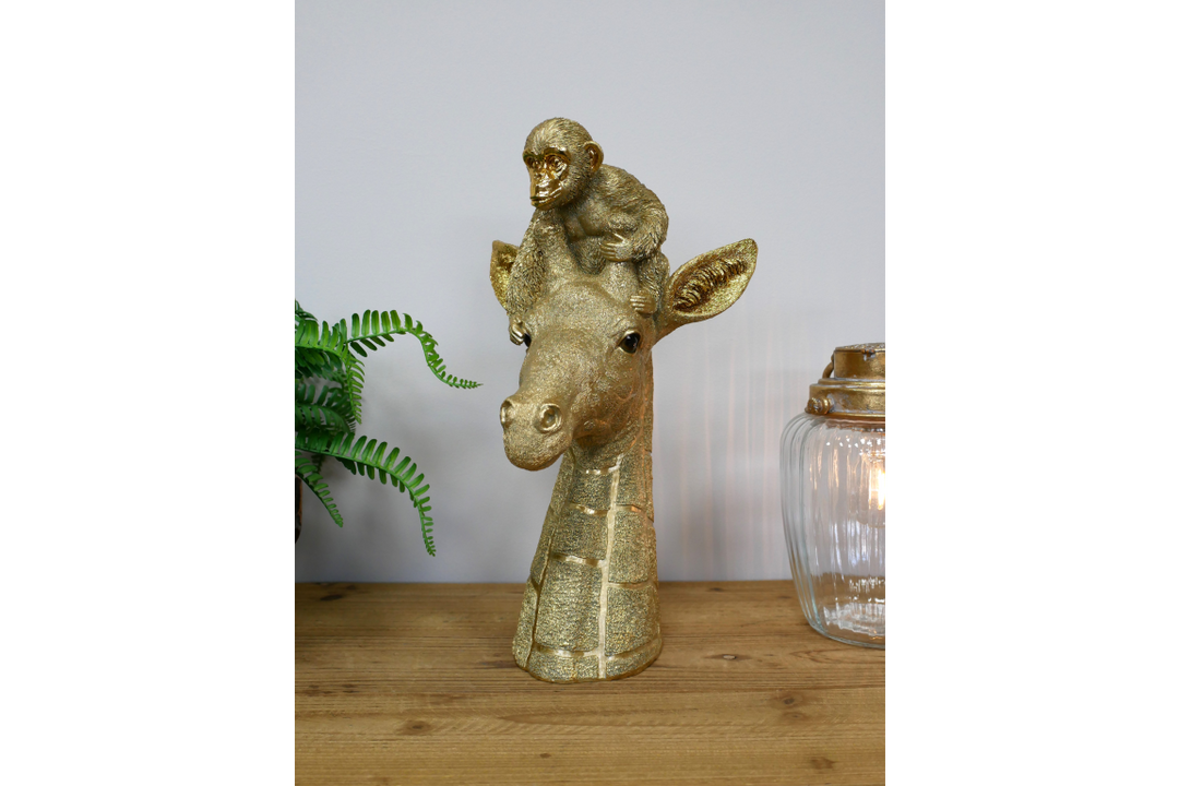 Monkey Sitting on Giraffe's Head Gold Resin Ornament – Unique Jungle Animal Décor