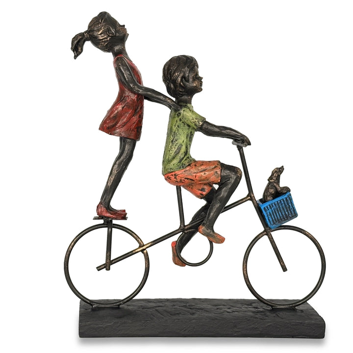 Children Bicycle Ride Figurine with Dog in Basket Polyresin Decorative Ornament