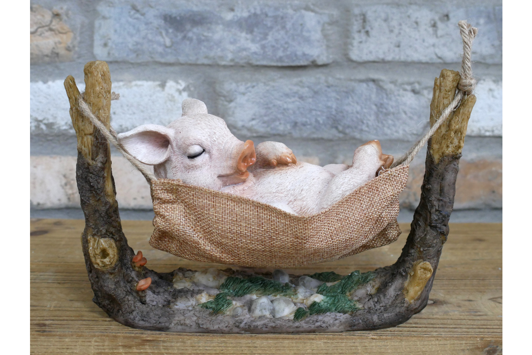 Pig Relaxing in Hammock Garden Ornament – Resin Novelty Garden Decoration