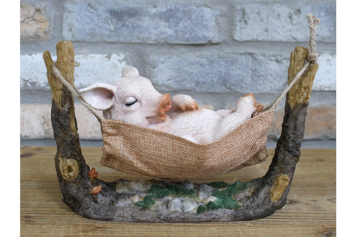 Pig Relaxing in Hammock Garden Ornament – Resin Novelty Garden Decoration