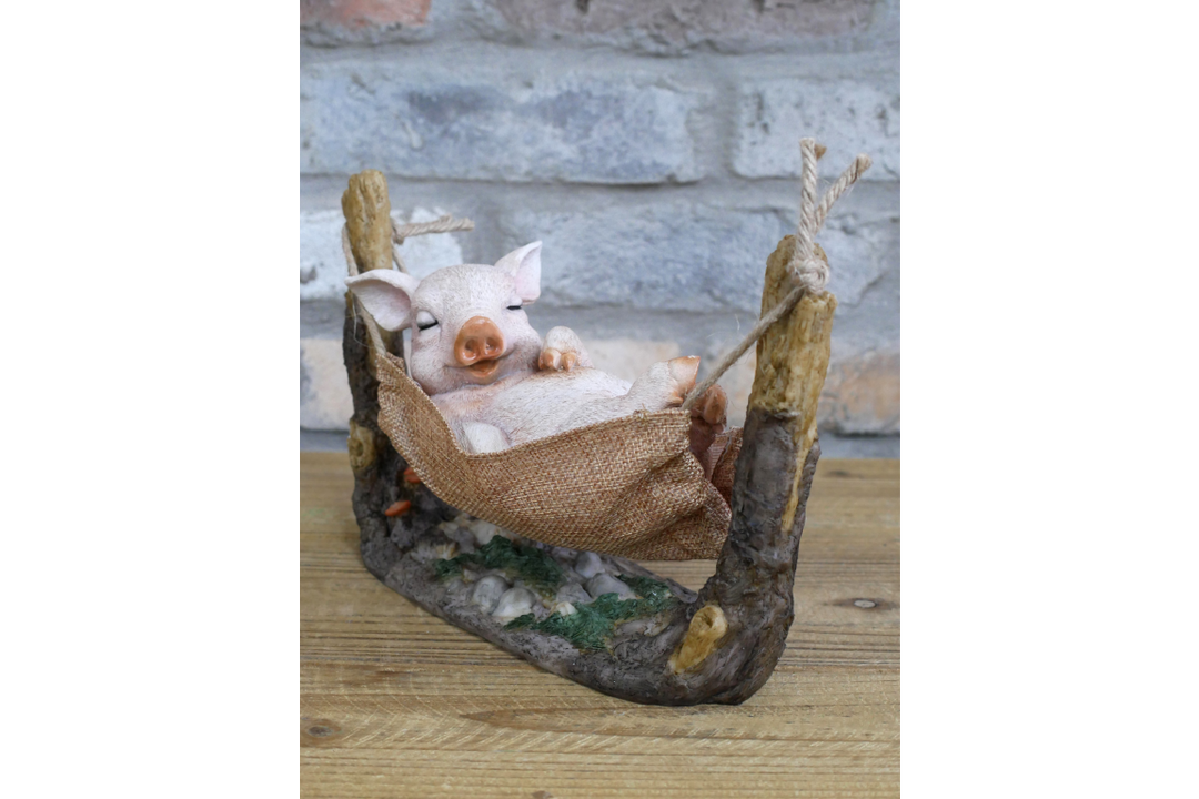 Pig Relaxing in Hammock Garden Ornament – Resin Novelty Garden Decoration