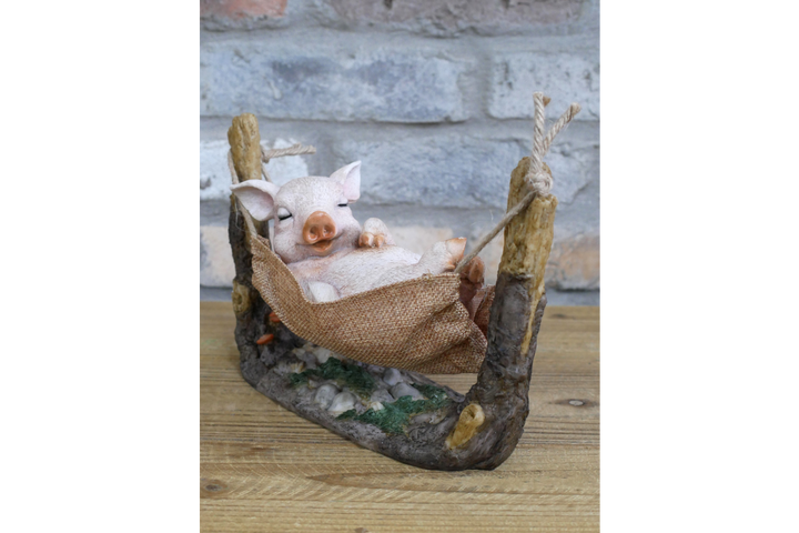 Pig Relaxing in Hammock Garden Ornament – Resin Novelty Garden Decoration