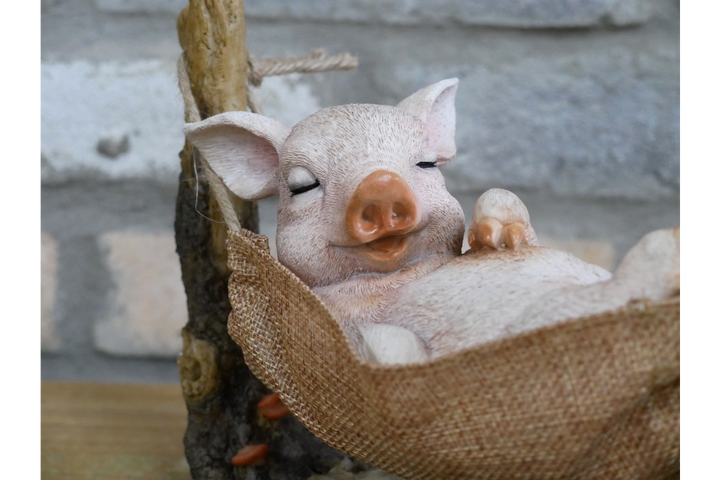 Pig Relaxing in Hammock Garden Ornament – Resin Novelty Garden Decoration