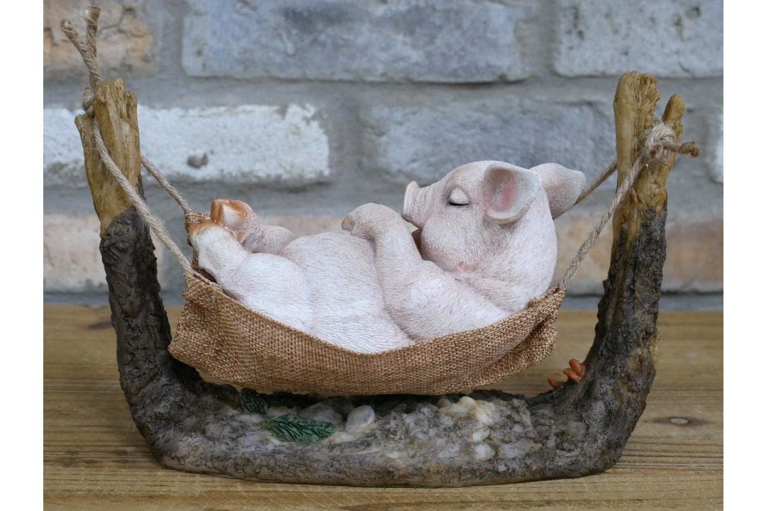 Pig Relaxing in Hammock Garden Ornament – Resin Novelty Garden Decoration