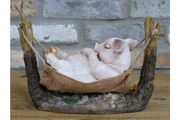 Pig Relaxing in Hammock Garden Ornament – Resin Novelty Garden Decoration