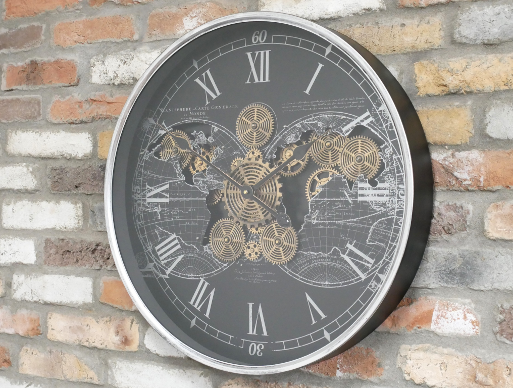 Large Black & Gold Map Wall Clock with Moving Cogs Statement Timepiece