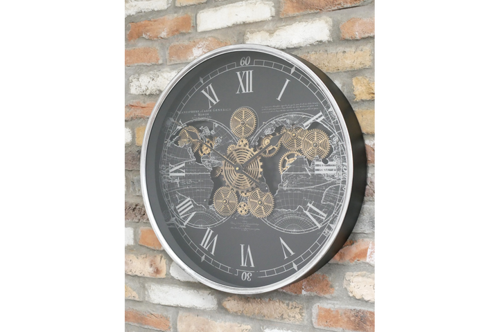 Large Black & Gold Map Wall Clock with Moving Cogs Statement Timepiece