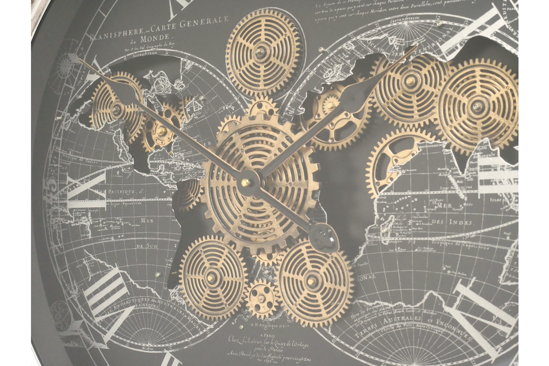 Large Black & Gold Map Wall Clock with Moving Cogs Statement Timepiece