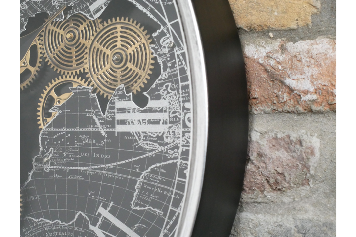 Large Black & Gold Map Wall Clock with Moving Cogs Statement Timepiece